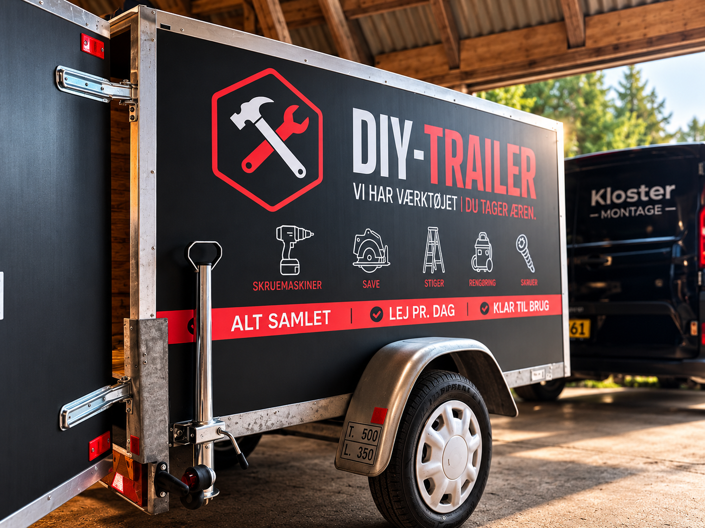 DIY-TRAILER lukket cargotrailer med logo og værktøjsikoner på siden